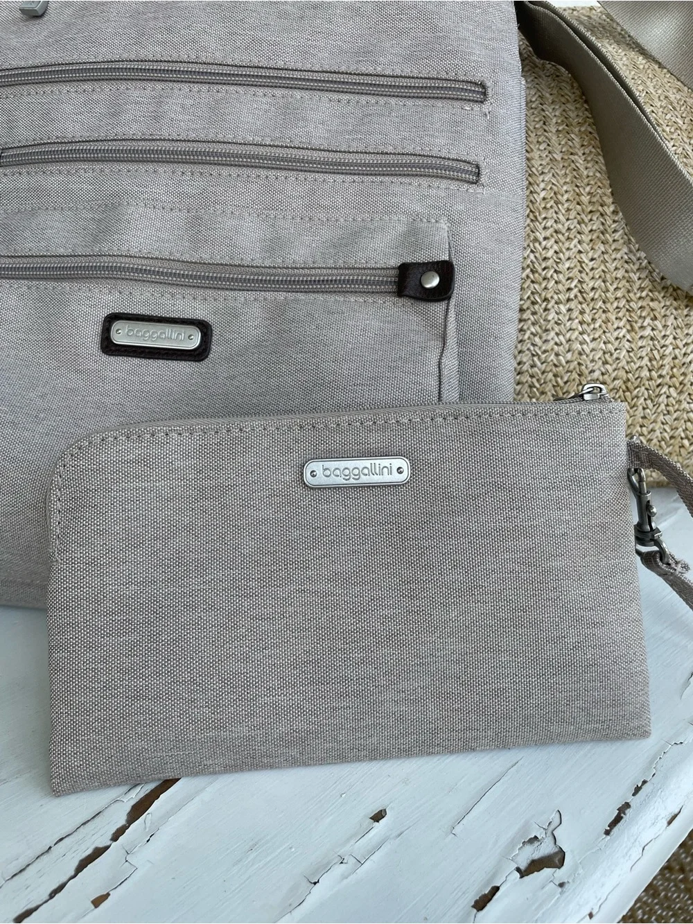Baggallini Around Town Crossbody Messenger Taupe/Beige w/ RFID Phone Wristlet